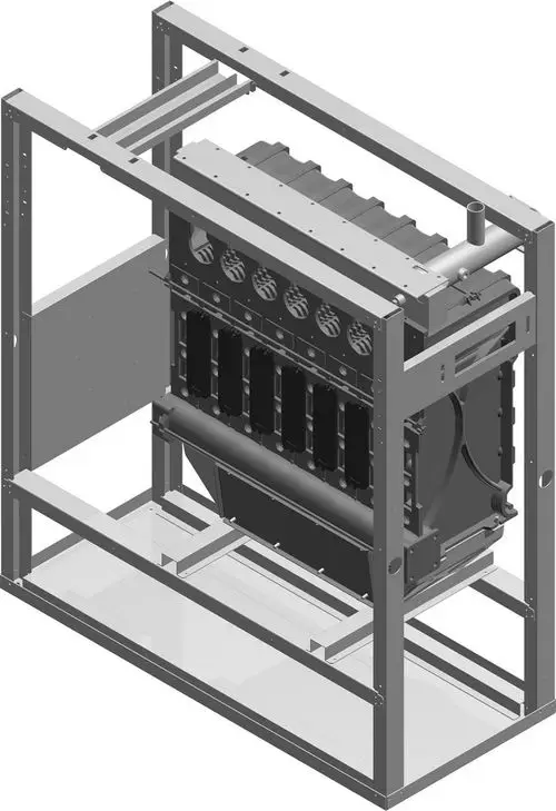 BOSCH Kesselblock in einem Gestell mit sechs Zylindern und angeschlossenen Bauteilen, sichtbar von der Seite, in technischer Darstellung.